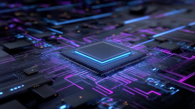 Futuristic circuit board with glowing microchip and neon connections