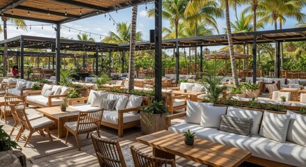 Lush tropical oasis outdoor seating area with comfortable lounge furniture under a pergola