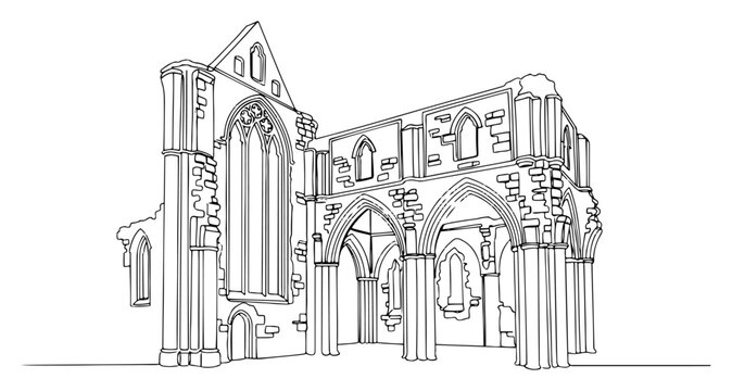 Bolton Abbey ruins one continuous line drawing. England famous landmark vector art.