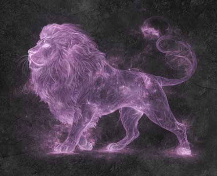 A majestic lion, glowing with ethereal purple energy against a textured dark background