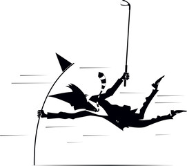 Stormy weather and man on the golf course. 
Strong wind and frightened man with a golf club catches the golf flag