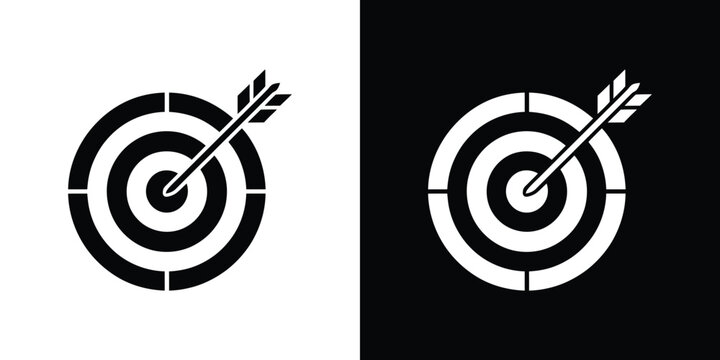 Target with Arrow Hitting Center, Circle Rings, Black and White Isolated Icon