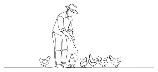 Farmer feeding chickens on a farm continuous one line drawing Vector illustration of a poultry farming scene for an organic agriculture concept