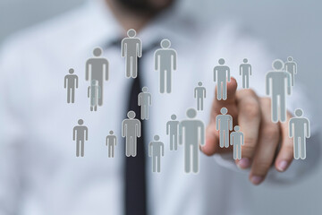 Business professional selecting team icons representing human resources, employment, and teamwork, highlighting connection and collaboration.