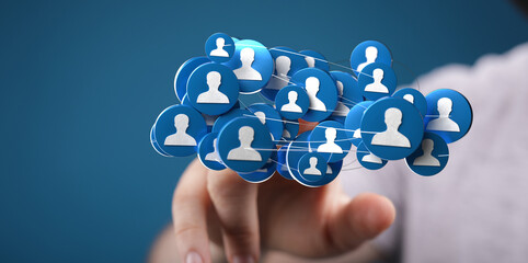 Abstract concept of social networking and connections visualized with person icons linked together.  Represents community, communication and glo