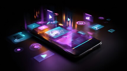 Digital Content Streams From Smartphone With Vibrant Multimedia Elements at a Modern Workspace in the Evening