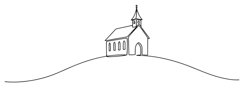 Single continuous line drawing of a small chapel on a hill Minimalist country church landscape in one line art style vector illustration