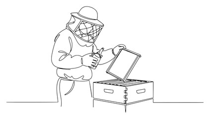 Beekeeper inspecting a beehive Continuous one line drawing Apiculture and honey production minimalist vector illustration