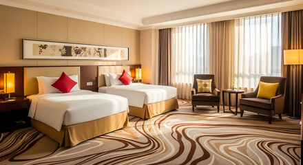 Upscale Hotel Room with Twin Beds and Modern Abstract Carpet Design