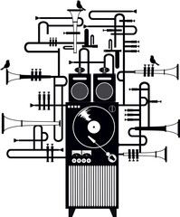 Funny old record player. 
Original old style jukebox with singing birds