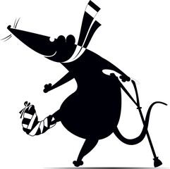 Happy to be healthy. Cartoon mouse or rat with a bandage on the leg and a crutch
