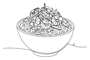 Spanish paella with seafood one continuous line drawing. Traditional food vector art.