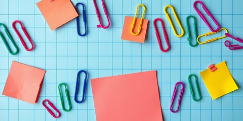 Vibrant paper clips & notes arranged on a gridded background , texture, design