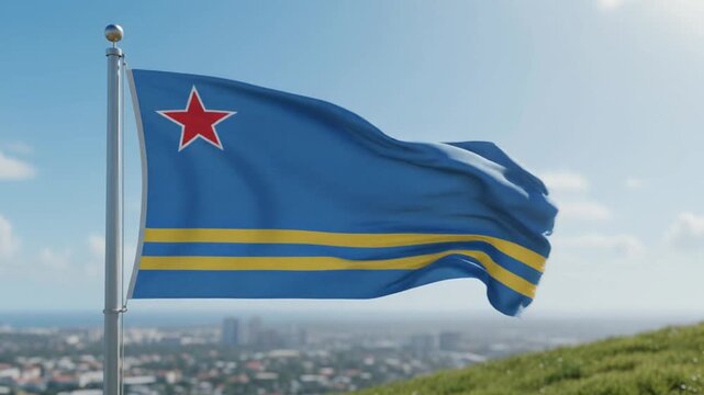 Aruba flag waving in wind against sky and cityscape in background footage