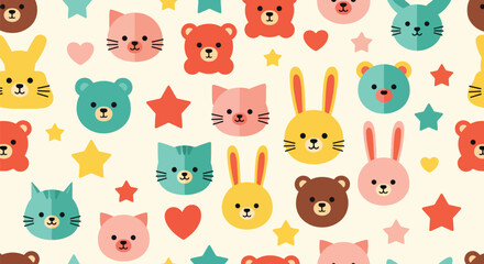 Flat vector seamless kids pattern of cute baby animals with stars and hearts in vivid solid colors. Ideal for children’s wallpapers, fabrics, gift wraps, and playful backgrounds