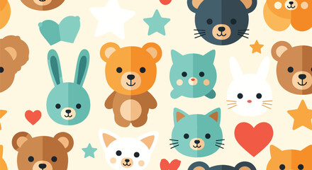 Flat vector seamless kids pattern of cute baby animals with stars and hearts in vivid solid colors. Ideal for children’s wallpapers, fabrics, gift wraps, and playful backgrounds