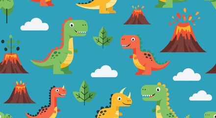 Flat vector seamless dinosaur pattern with friendly dinos, volcanoes, and leaves in bold vivid tones. Ideal for kids’ clothing, wallpapers, notebooks, and playful prints