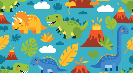 Flat vector seamless dinosaur pattern with friendly dinos, volcanoes, and leaves in bold vivid tones. Ideal for kids’ clothing, wallpapers, notebooks, and playful prints © meeblues