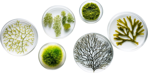 Diverse Moss and Seaweed Specimens Exhibit Unique Patterns in Laboratory Petri Dishes