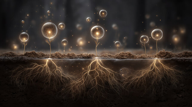 Glowing surreal seedling scene with luminous orbs above soil and intricate glowing roots beneath, magical atmosphere and warm light evoking wonder and growth
