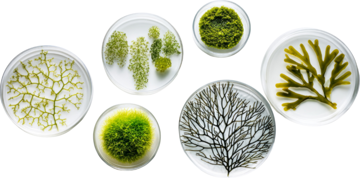 Diverse Moss and Seaweed Specimens Exhibit Unique Patterns in Laboratory Petri Dishes