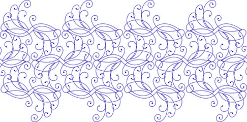 Seamless border of curved lines. Blue curls on transparent background. Ornate complex ornament. Frost pattern on the window. Classic vintage design. Monochrome dark blue decor