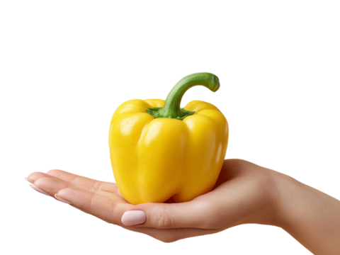 Person presenting single yellow bell pepper in open palm hand