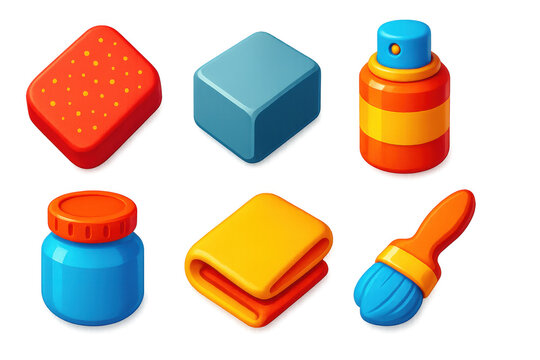 Sculpture Finish Icon Set. 3D icon set of sculpture finishing supplies: sanding pad, polishing stone, spray fixative, sealer jar,