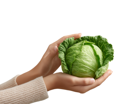 Hands holding fresh green cabbage on transparent view