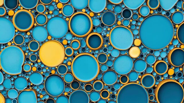 Blue abstract geometry circle pattern background with modern round shape design teal and yellow palette seamless texture bubble macro liquid oil