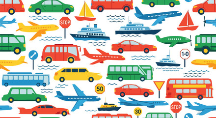 Flat vector seamless pattern with cars, planes, buses, and boats in vivid bright tones. Ideal for boys’ clothing, wallpapers, backpacks, and playful transportation themes