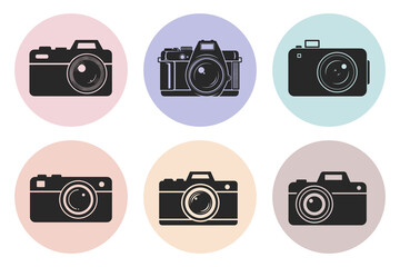 Set of vintage and digital cameras with retro lenses, vector icons, and photographic equipment illustrations