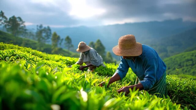 Tea pickers in Munnar hills, emerald terraces and misty ridges, India, tea plantation, Kerala, Munnar, landscape, workers, agriculture, green, travel, with copy space