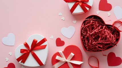 Heart shaped gift boxes and paper hearts on a pink background, top view