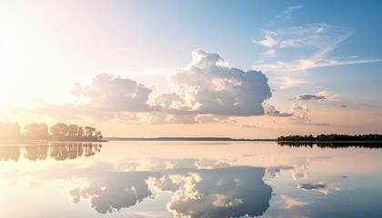 A tranquil lake mirrors a sky filled with soft, pastel clouds and distant tree-lined shores, evoking a sense of peace and natural beauty.