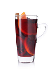 Tasty mulled wine in mug isolated on white