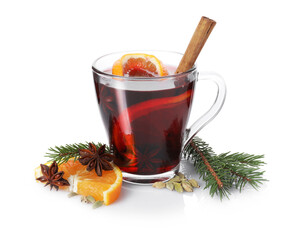Tasty mulled wine, fir tree branches, orange slice and anise isolated on white