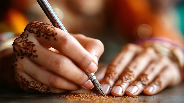 Woman henna artist drawing mehndi on a bride&rsquo;s hand, fine lines, India, mehndi, henna, wedding, bride, beauty, tradition, art, culture, ceremony, with copy space