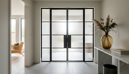 Modern Industrial Entrance Door with Fluted Glass and Minimalist Decor
