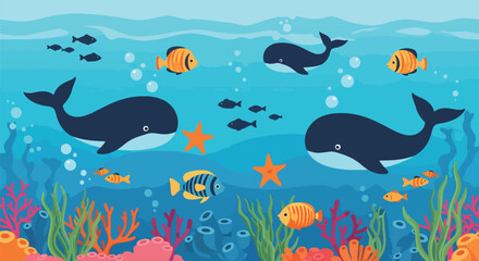 Flat vector seamless underwater pattern with whales, fish, corals, and bubbles in vivid tones. Ideal for kids’ swimwear, room décor, bedding, and cheerful ocean themes