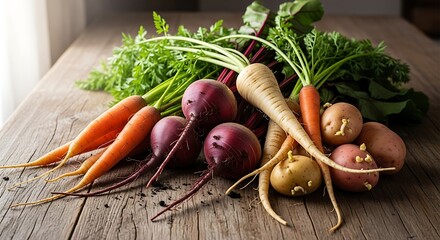 A rustic wooden table displays a vibrant assortment of fresh root vegetables, including carrots, beets, parsnips, and potatoes, with their green tops still attached.
