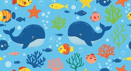 Flat vector seamless underwater pattern with whales, fish, corals, and bubbles in vivid tones. Ideal for kids’ swimwear, room décor, bedding, and cheerful ocean themes