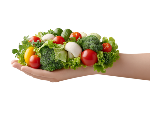 Human hand holding mix of fresh vegetables in hands