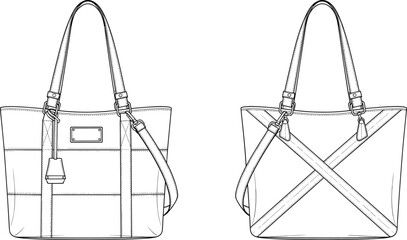 Handbag technical fashion flat sketch, women's tote bag template with front and back views, isolated vector accessory design illustration, outline drawing mockup.