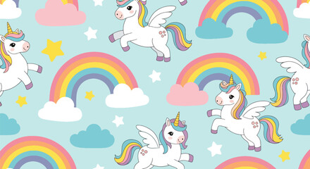 Flat vector seamless unicorn pattern with rainbows, stars, and clouds in vivid pastel tones. Ideal for girls’ clothing, stationery, wallpapers, and dreamy kids’ products