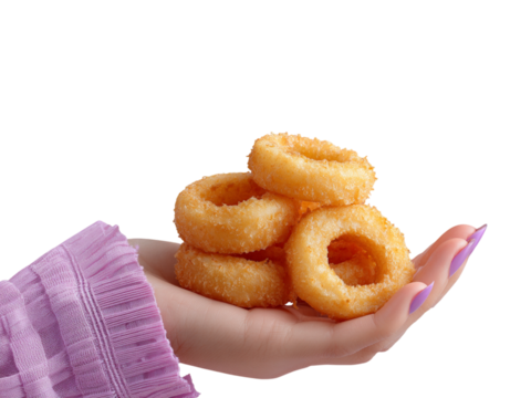Human hand holding stack of fried onion rings tasty snack