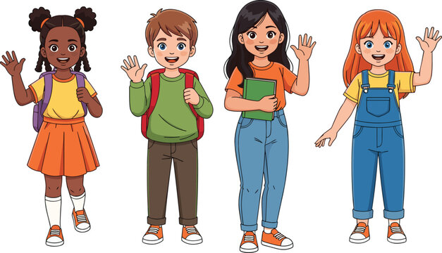 Set of happy diverse cartoon children waving hello, multicultural kids as students with backpacks and book standing, back to school vector illustration.