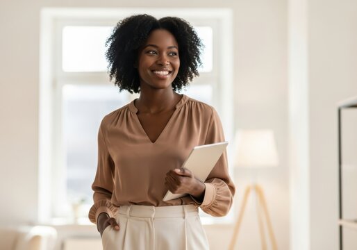 Smiling black woman holding a tablet in a bright room