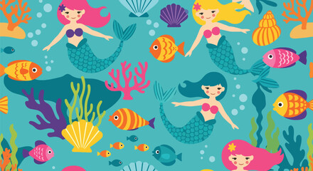 Flat vector seamless mermaid pattern with seashells, coral reefs, fish, and underwater elements in vivid colors. Ideal for girls’ décor, swimwear, fabrics, and magical themes