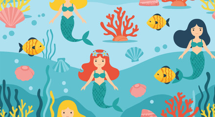 Naklejka premium Flat vector seamless mermaid pattern with seashells, coral reefs, fish, and underwater elements in vivid colors. Ideal for girls’ décor, swimwear, fabrics, and magical themes
